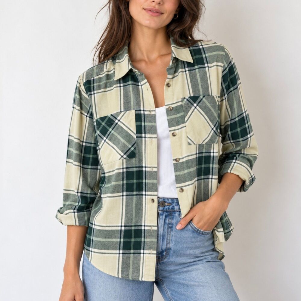 DIP Womens Green Plaid Flannel Shirt Organic Cotton Sz XL Button Up Cottagecore